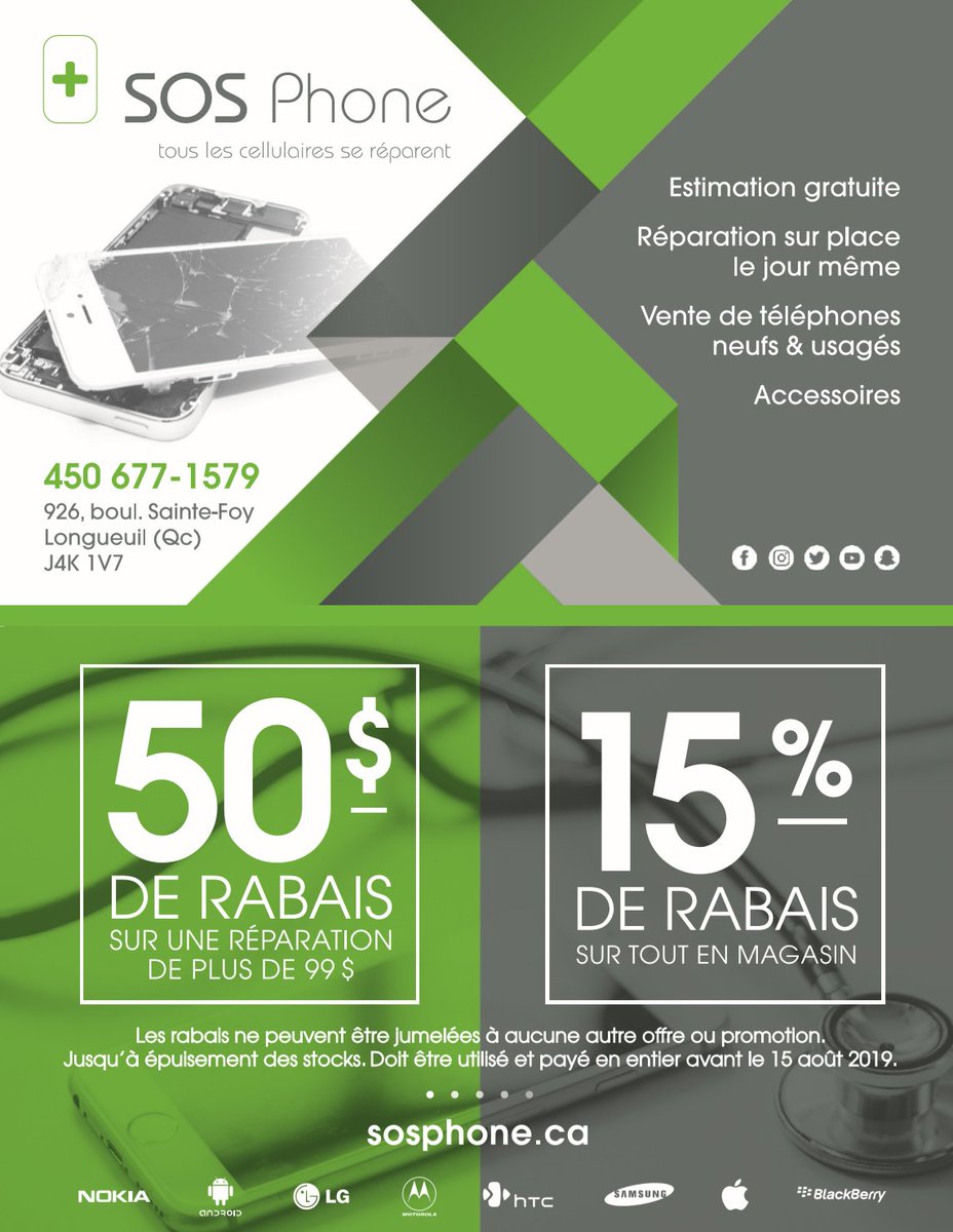 sosphonecanada's tweet photo. 💰 CLIENTS DE LONGUEUIL 💰

Économisez gros avec notre SUPER PROMOTION ESTIVALE :

-50$ de rabais sur une réparation de plus de 99$
-15% de rabais sur tout en magasin

Valide jusqu'au 15 août 2019, détails en succursale. Passez nous voir dès maintenant pour en profiter! 🤩 https://t.co/EUSfnn6Dry