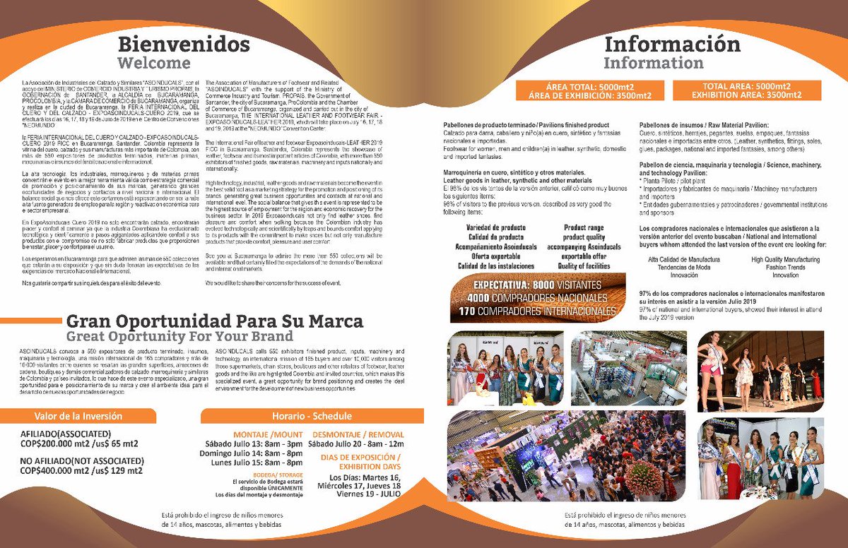 HORARIO 
MONTAJE/MOUNT 
Sabado julio 13   de 8am -3pm
Domingo julio  14  de 8am-8pm
lunes julio 15  de 8am-8pm 

DESMONTAJE/REMOVAL 
Sabado julio  20 - 8am -12pm

DIAS DE EXPOSICION/EXHIBICION DAYS 
los días martes 16 miercoles 17 y viernes 19 de julio.