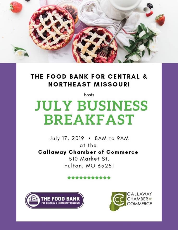 Join us at the July Business Breakfast hosted by The Food Bank of Missouri. This event will be held at the Chamber on Wednesday, July 17th beginning at 8 am. Cost is $5 for members to attend. 
#networking #buildingcommunityforbusinessandfamily