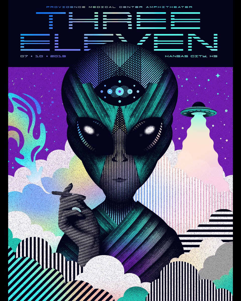 311's tweet photo. Kansas City tonight @providenceampkc! Show poster by #SilentGiants! Regs (green) are numbered out of 113. Foils (blue) out of 40 w/ 25 for sale. Kansas City event tee is a special secret design! 🤫 #311poster #concertposter https://t.co/LD2HIcxSrc