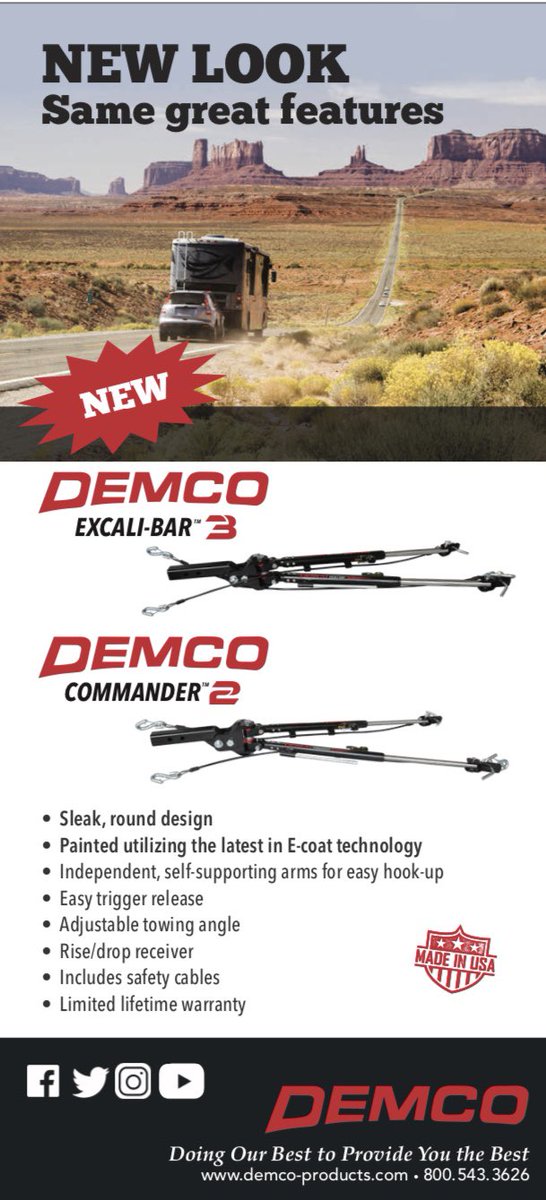 towdemco's tweet photo. #Demco welcomes two new tow bars to the family! #Commander2 #Excalibar3 #GoRVing #motorhome #Camping #MadeInAmerica https://t.co/K1aqdX1ETc