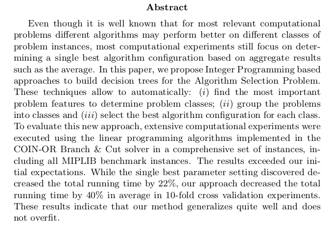 _sbeyer_'s tweet image. "Optimal Decision Trees for the Algorithm Selection Problem:  Integer Programming Based Approaches" #arXiv #integerprogramming #mip #algorithmselection #decisiontrees