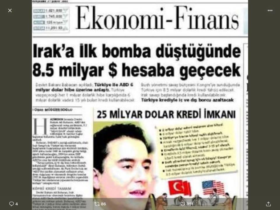 Arşiv unutmaz. "İlk bomba düşer düşmez kasaya 8.5 Milyar $ hesaba geçecek." demiş AKP düş politikacıları o dönem. Milyonlarca Müslüman'ın öldürülmesine aracı olup bundan bir de ekonomik çıkar beklemek AKP nin karanlık yüzü.