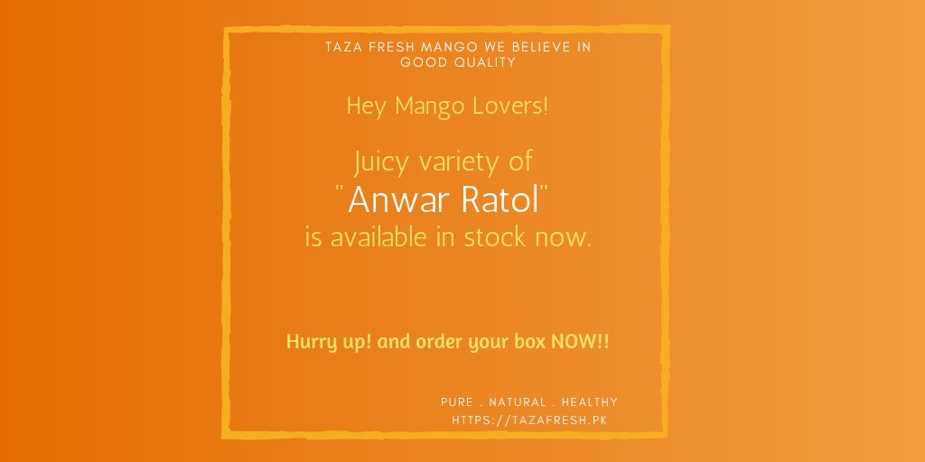 Hey Mango Lovers!
Juicy variety of 'Anwar Ratol' is available in stock now.

Hurry up! and order your box NOW!!

Pure . Natural . Healthy
Order Mango: tazafresh.pk

WhatsApp: +92 3002515707

#tazafresh #homedelivery #Fruit #FruitDelivery #FruitKarachi #phal #FreshFruit