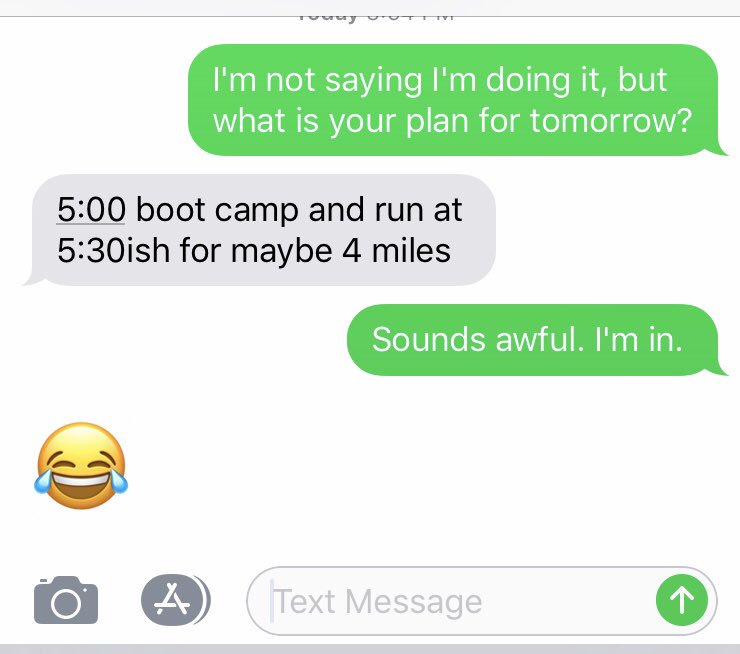 RunNerdGirl's tweet photo. How I make plans with friends. (My responses are in green and the times are am).
#runningplans #runningbuddies https://t.co/R9CS2Le3Qd