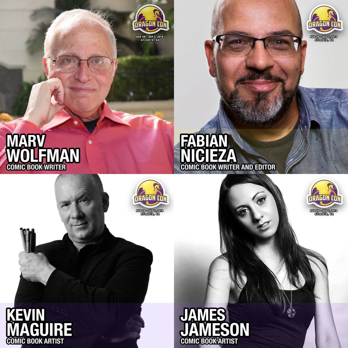 DragonCon's tweet image. Our @DConComics Guest list just keeps getting better and better! Welcome @marvwolfman, @FabianNicieza, @maguirekevin, and James Jameson to #DragonCon2019!!