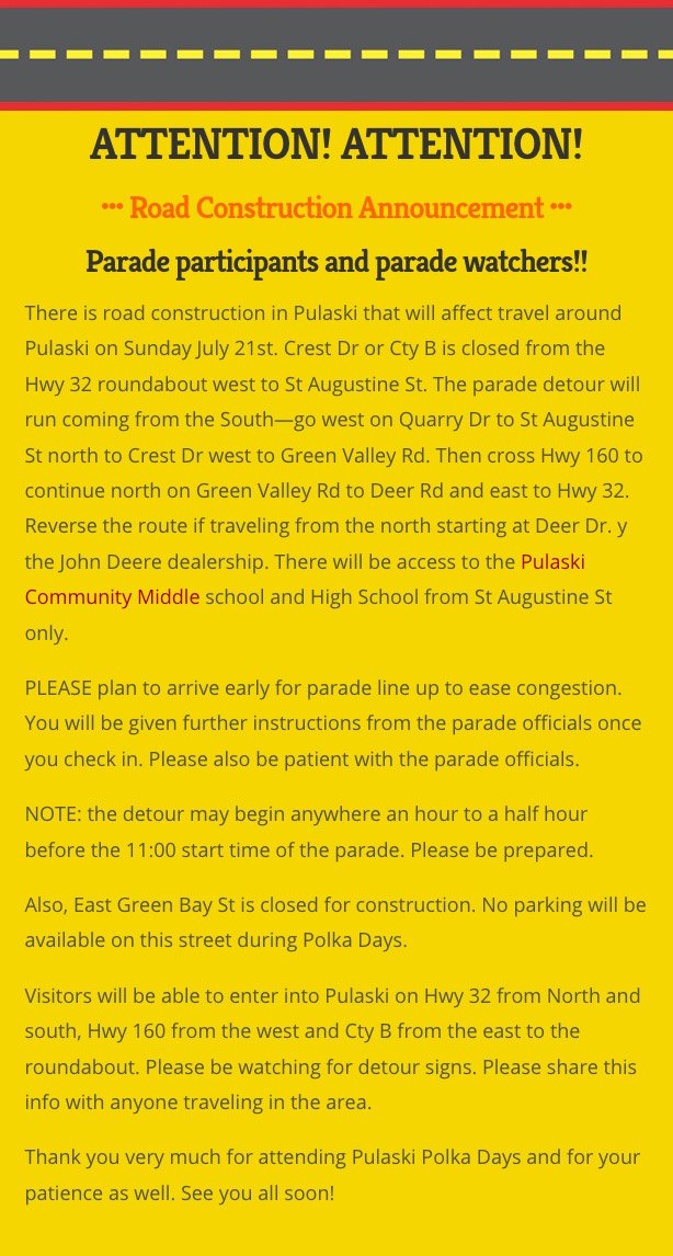 PolkaInPulaski's tweet photo. 7 days until Pulaski Polka Days!  Road Construction Announcement  •  Parade Sunday July 21 @ 11am • Parade participants &amp; parade watchers!!  Full details here:  https://t.co/zeej5kYrOw  #PulaskiPolkaDays #Parade #Wisconsin #Pulaski https://t.co/J2FqBteoZX