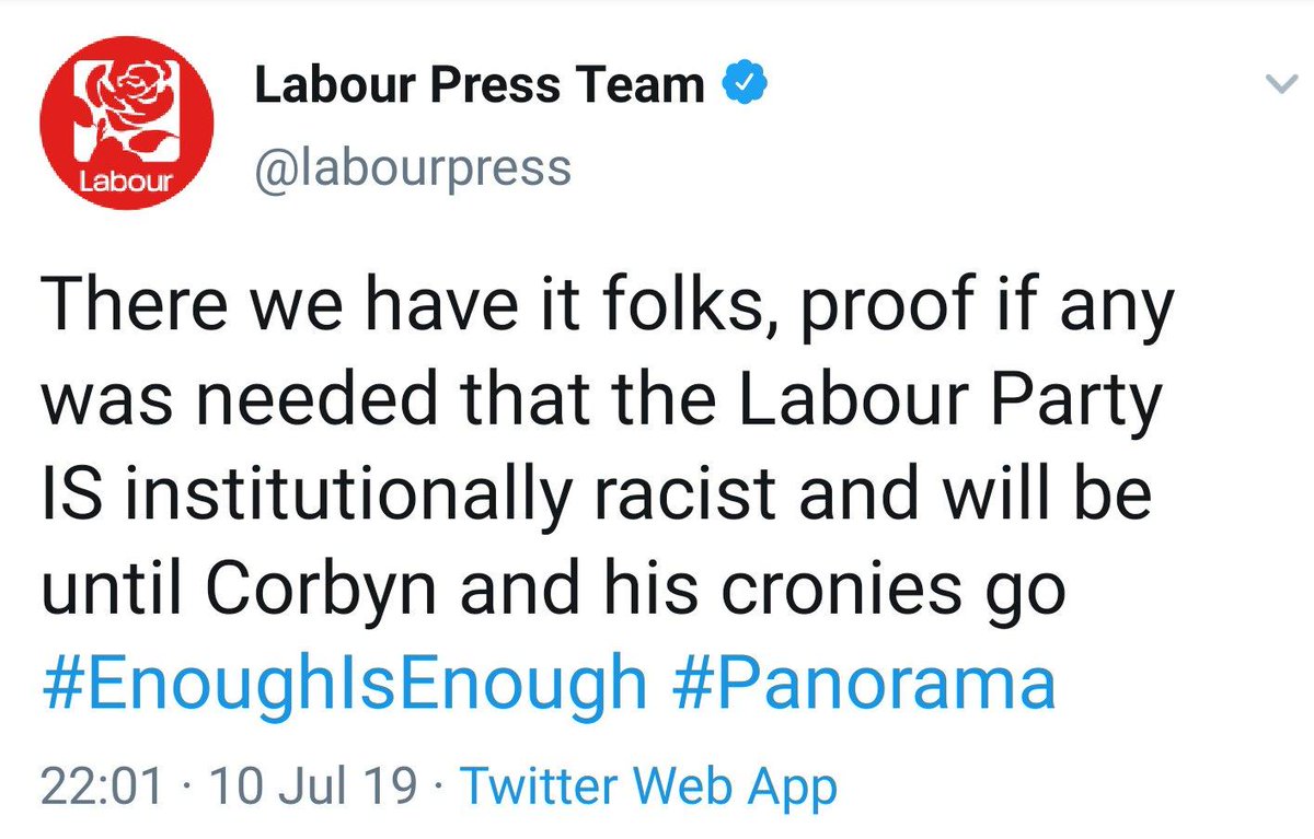Wow. After the BBC aired its report exposing anti-Semitism in the UK Labour party, Labour's own press account tweeted that the party was "institutionally racist." They now claim they were somehow "hacked." More likely, some decent person told the truth and is about to get fired.