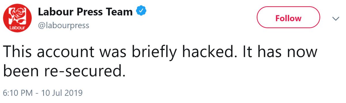 Wow. After the BBC aired its report exposing anti-Semitism in the UK Labour party, Labour's own press account tweeted that the party was "institutionally racist." They now claim they were somehow "hacked." More likely, some decent person told the truth and is about to get fired.