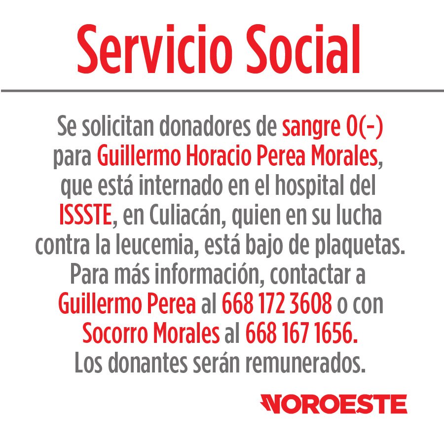 noroestemx's tweet photo. 🏥 #ServicioSocial 🏥 
Se buscan donadores de sangre, con carácter de urgente, en #Culiacán, para Guillermo Horacio Perea Morales.
La sangre solicitada es O(-) https://t.co/Bk8AYgOOhq