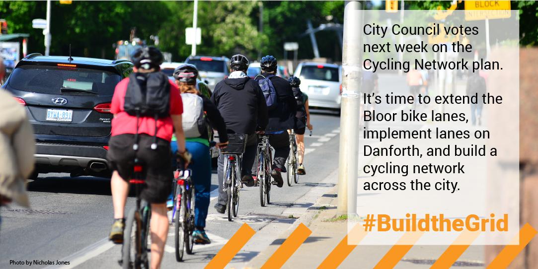 CycleToronto's tweet image. Council votes on the Cycling Network Plan next week. This includes the Bloor bike lane extension to High Park, a Danforth bike lane pilot in 2020, and the overall cycling strategy. It’s time to #BuildtheGrid across the city. #BikeTO