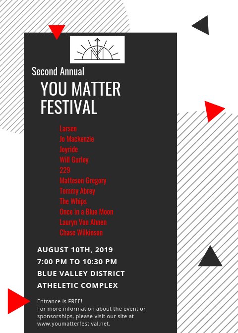 youmatterfest's tweet photo. ONLY 1 MONTH FROM TODAY! Come join us to hear awesome local bands and performers show off their talents as well as speakers share their mental health issues. There will also be a mental health resource fair sponsored by the BVNW Mental Health Board. #youmatter #ZeroReasonsWhy https://t.co/0sTDcgCEbP