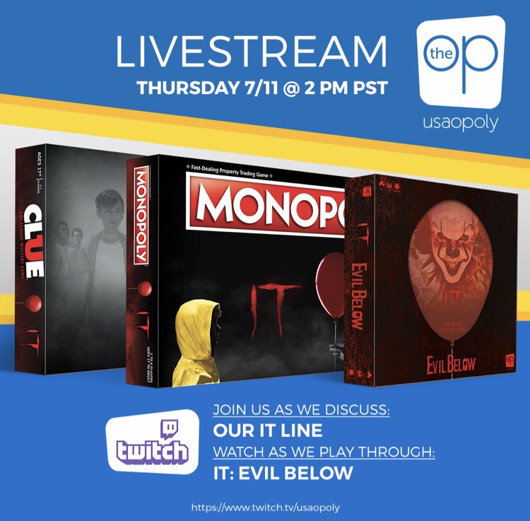 TheOpGames's tweet photo. Join us for #TheOPLive tomorrow afternoon at 2 pm and YOU’LL FLOAT TOO! 🎈We’ll be discussing our spooky #IT line and how you can play these games at @Comic_Con. We’ll see you there! 🤡
#TheOP #Pennywise #ComicCon https://t.co/gKnXv0Tnh5