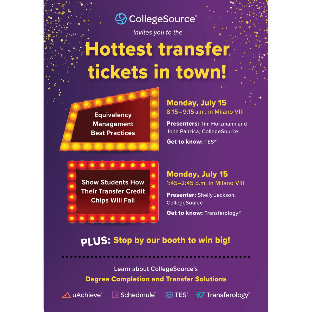 CollegeSource's tweet photo. These #transfer sensations are headed to #TechTransfer19! 🎩
☑️ #Equivalency Management Best Practices
☑️ Show Students How Their #Transfer Credit Chips Will Fall
AND ➡️ Hear from our clients at these sessions: https://t.co/S6bTwas8C5
#TransferEvaluation #HigherEd #CreditTransfer https://t.co/8RFLpa4dh8