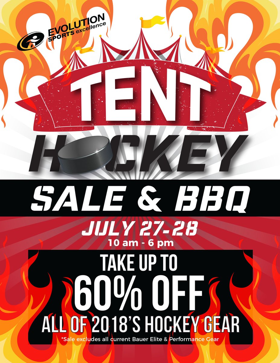 Get ready for hockey season with our annual Tent Hockey Sale &amp; BBQ! Stop by Evolution Sports Excellence July 27th-28th from 10am-6pm and take up to 60% off on all of 2018's hockey gear!! Don't miss out, come hungry and grab a hotdog while you shop.  #leduc qoo.ly/ygv2f