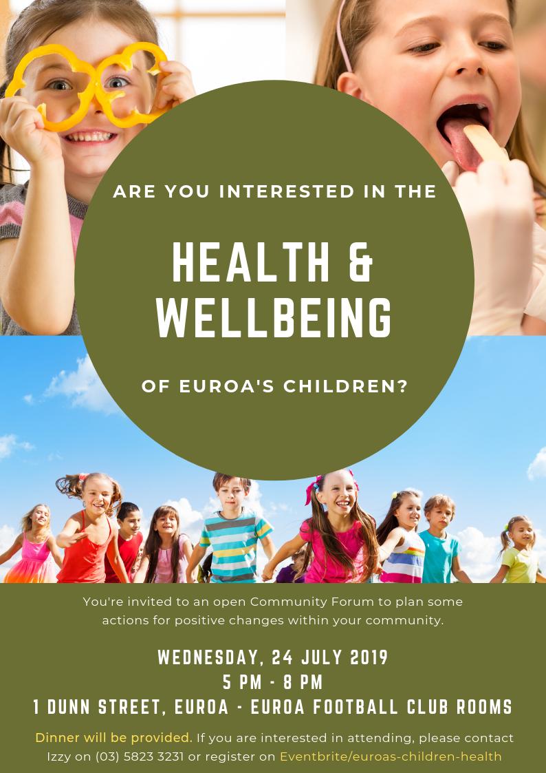 ConnectPrimary's tweet photo. Do you live in Euroa or INTERESTED in the Health and Wellbeing of Euroa Children?

If so,  you will want to attend our Community Forum on 24, July 2019.  See flyer for more information! https://t.co/fY9WrP4lOh