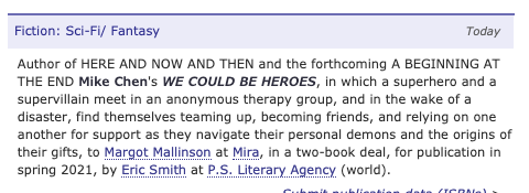 ericsmithrocks's tweet photo. NEWS! @mikechenwriter's next novel, WE COULD BE HEROES, has been acquired by @MargotM7 at MIRA in a two-book deal! 

Watch out for this spectacular superhero novel in 2021! https://t.co/fVgPG7IrGZ