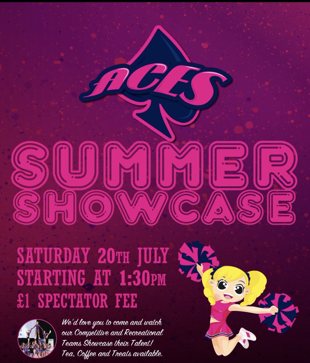 T280772's tweet photo. ACES Summer Showcase.   Come  and join us - see what Cheerleading is all about 😊 https://t.co/LCUCVMaPoo