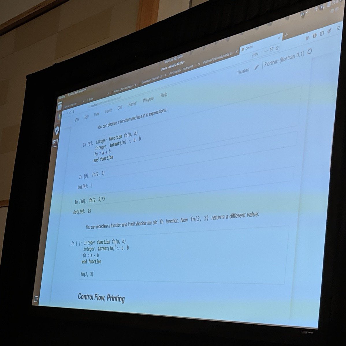 eteq's tweet image. I don&apos;t know how to feel about this (other than the 😮): an interactive FORTRAN compiler in the notebook demonstrated at #SciPy2019