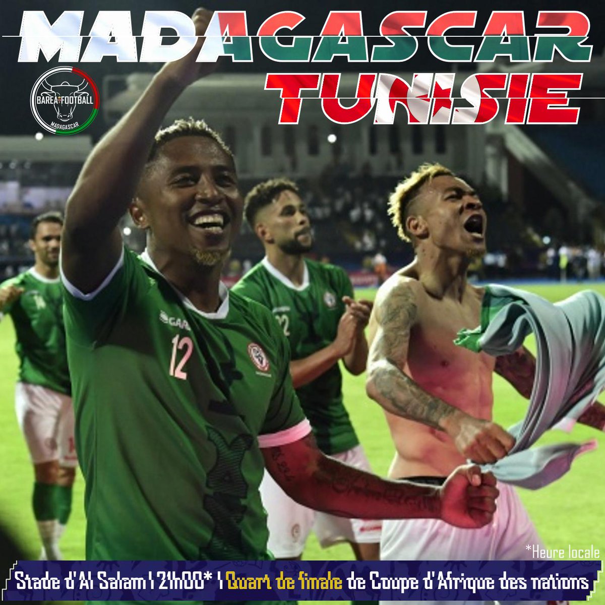 Barea_Football's tweet photo. 👊🏾 Quart de finale de #CAN2019 ! ⚡️

🏆 Africa Cup of Nations Egypt 2019
🆚 Madagascar🇲🇬 - 🇹🇳Tunisie
⏰ 22H🇲🇬/⏰21h🇫🇷
📺 TVM, Canal+ Sports 1🇲🇬 &amp; beIN Sports 1🇫🇷

#TotalAFCON2019 #AlefaBarea https://t.co/xEqyRF2gTi