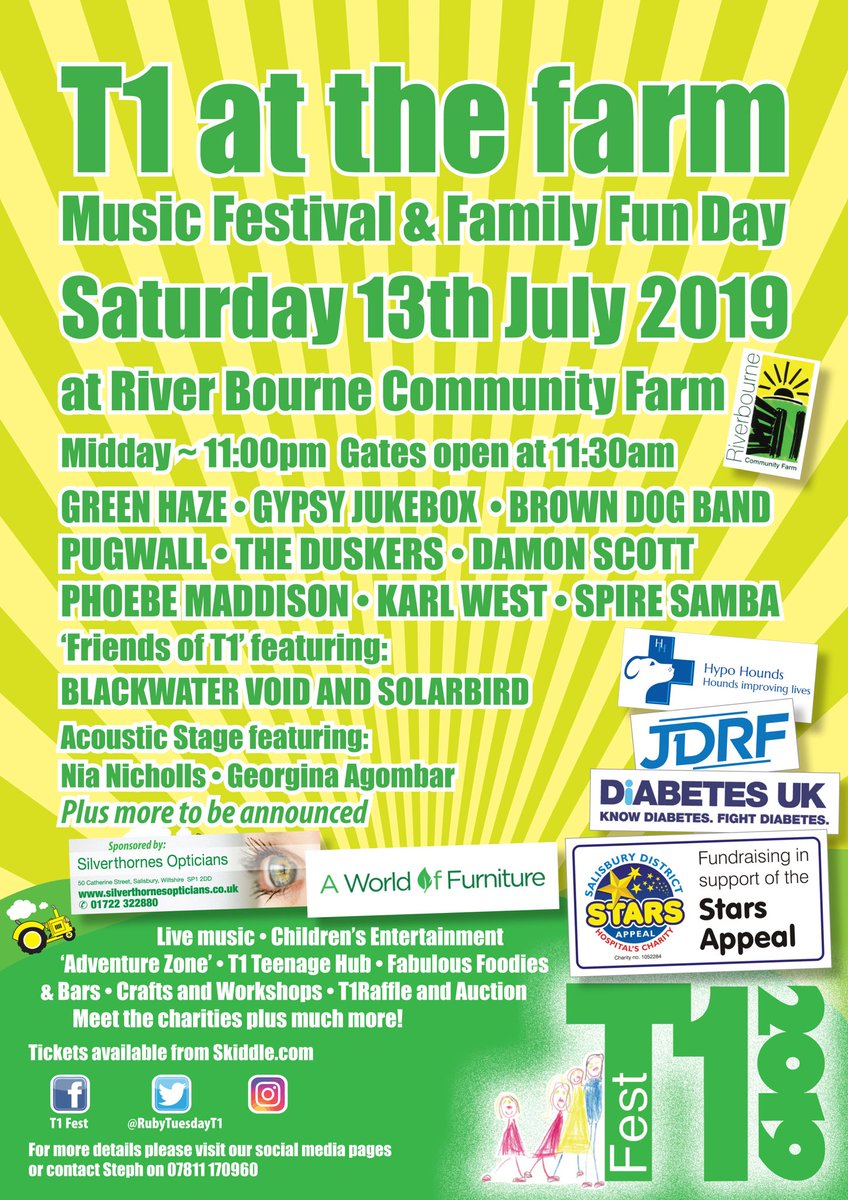 RubyTuesdayT1's tweet image. To everyone coming this Saturday to T1 at the Farm... sun’s gonna be shining 😎 so bring your gazebos, picnics, ‘refreshments’ 😉 but please NO GLASS ON SITE

Music, crafts, adventure zone, dog show... see you there

@Hypohounds1 @StarsAppeal @DiabetesUK @JDRFUK @Salisburyfarm