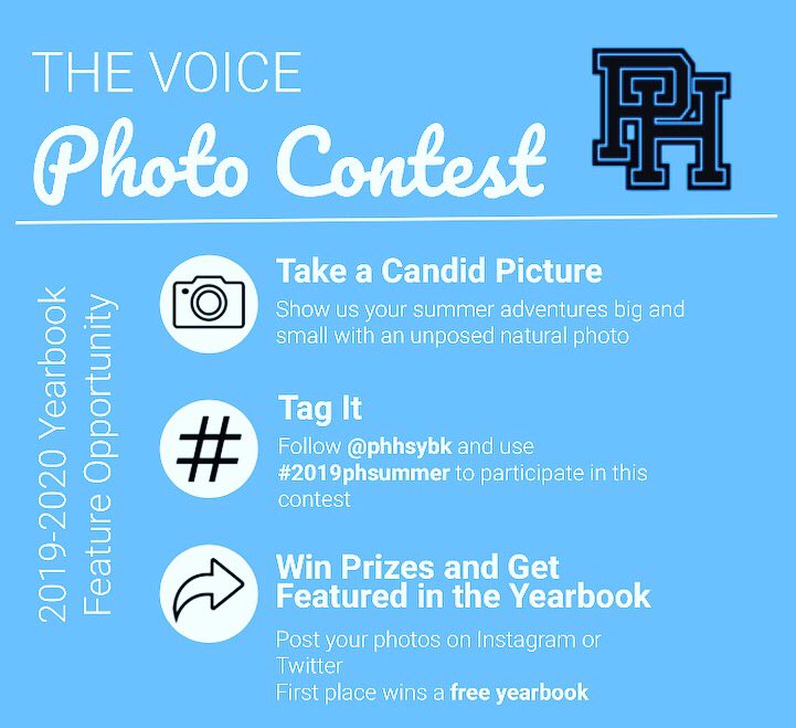 phhsybk's tweet photo. ATTENTION PATRIOTS!! 

Send us your favorite summer photos for a chance to win a 2019-2020 
FREE YEARBOOK!! Read below to see the requirements for the contest. We can’t wait to see everyone’s pictures!!  #2019phsummer #Phamily https://t.co/M6SloGuWmz