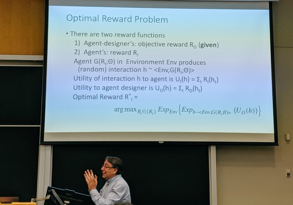 SoloGen's tweet photo. Satinder Singh from @michigan_AI talks about how to optimize an intrinsic reward function at #RLDM2019.
Or: let's evolve the internal reward function of an agent in order to increase its chance of survival (objective reward). https://t.co/JihnBcWhiW
