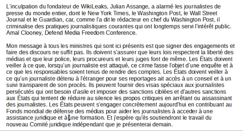 FrancaisUnity4's tweet photo. Via @kittyhundal
"Discours d' @AmalClooneyBlog à la conférence #DefendMediaFreedom. 

#FreeAssange #NoUSExtradition #FreePress #FreeSpeech
#AssangeFrancophone
#TruthtoPower 
Traduction #Unity4JFrance

Tweet original: https://t.co/qfP5vSGPOz https://t.co/73eVUhKjHN