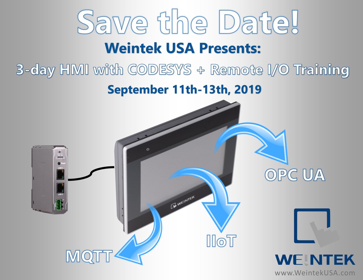 WeintekUSA's tweet photo. @weintekusa Save the date Sept 11-13, a few seats still available. 3-Day #IIoT #Training with #Weintek #HMI #EBPro #RemoteIO #CODESYS #MQTT #SQL #OPCUA #IoT. Cost includes #SmartHMI #CodesysLicense two #PLC plus more! https://t.co/wRVFm2KidF