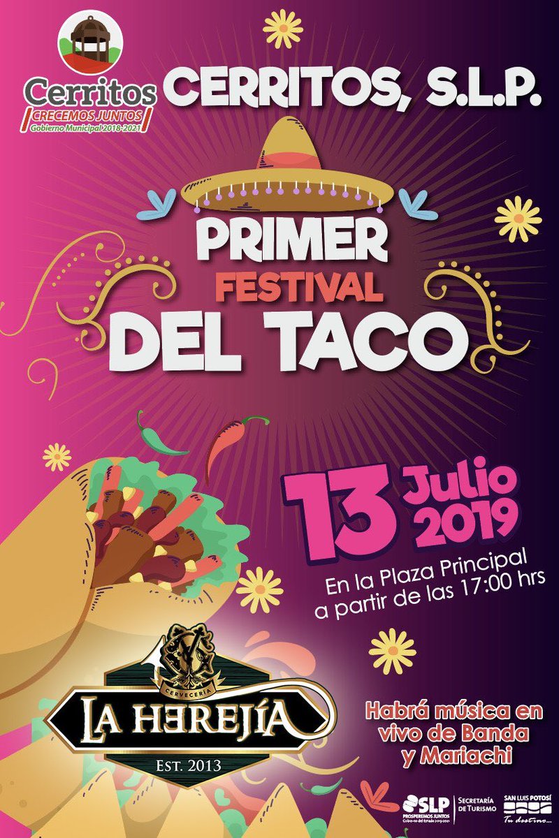 ppyanez's tweet photo. Amigos, estaremos presentes en el Primer Festival del Taco en Cerritos San Luis Potosí, este 13 de Julio 2019 a partir de las 17:00hrs en la plaza principal, prueba los mejores tacos con la mejor #cervezaartesanal Cervecería La Herejía!!!  https://t.co/qf0t73Ghz7 https://t.co/3GnGD7xWWN