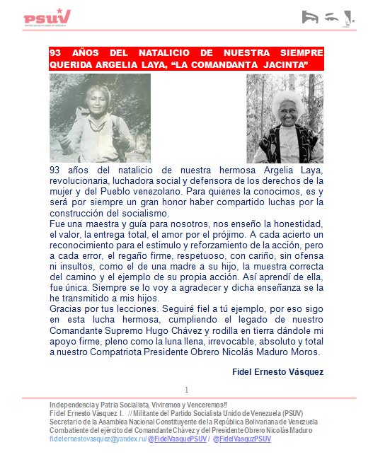 FidelVsquezPSUV's tweet image. .@NicolasMaduro 93 años del natalicio de Argelia Laya, revolucionaria, luchadora y defensora de los derechos de la mujer y del Pueblo venezolano. Para quienes la conocimos, es y será por siempre un gran honor haber compartido luchas por la construcción del socialismo .@dcabellor
