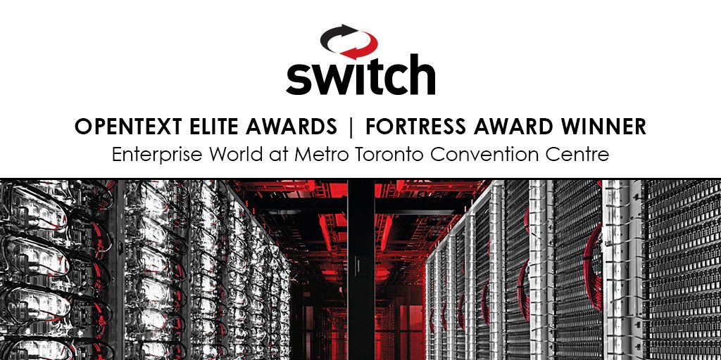 Switch's tweet photo. Switch has been recognized for combining #technology and process to mitigate risk by receiving the Fortress Award from @OpenText today! #OTEW #EnterpriseWorld @OpenTextEvents https://t.co/JOCWTmy6fx https://t.co/elNGQsmSRG