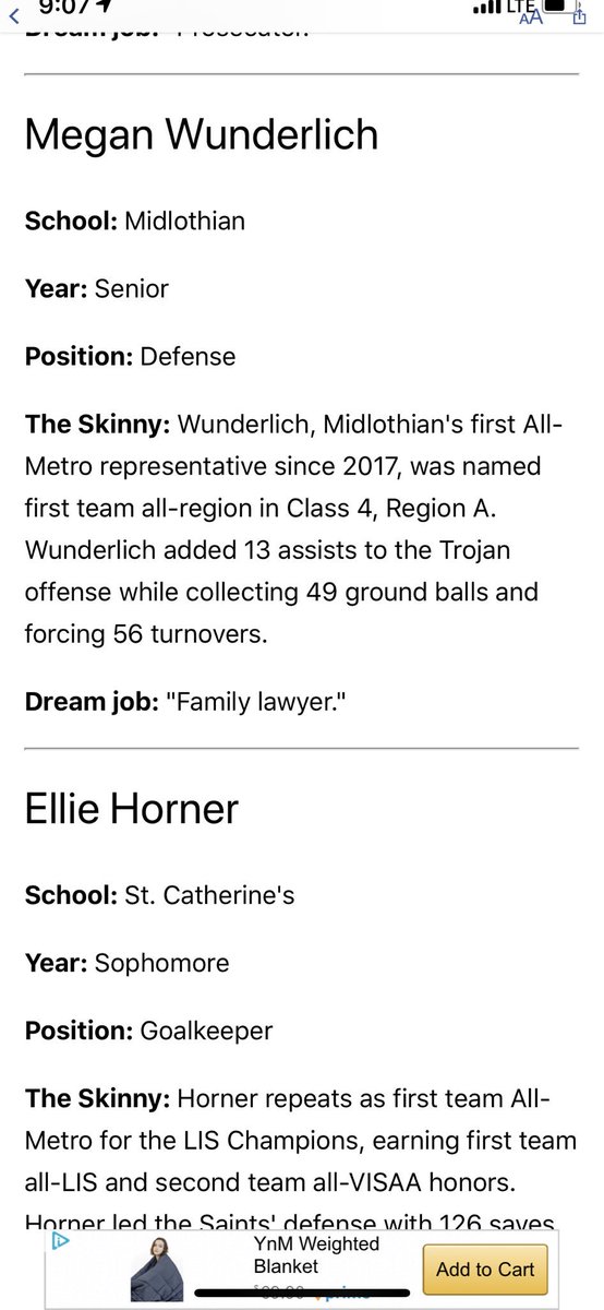 Congrats to Megan Wunderlich, Defense, for being named First Team All-Metro Richmond Times- Dispatch.