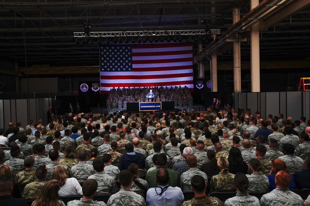 VP45's tweet photo. The brave men and women here at Vandenberg AFB have made it a priority to advance our country’s leadership on the frontier of space in their work towards President @realDonaldTrump‘s Space Force! Thank you for all for your hard work, dedication, and service to our nation! https://t.co/onVwZRjtc1