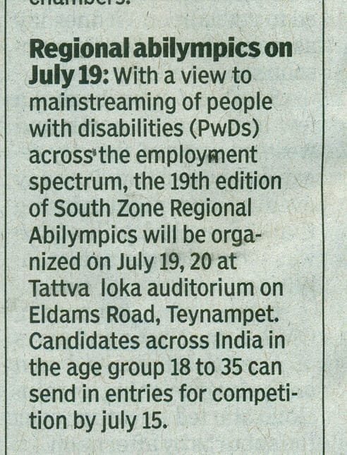 DrJitenderAgga1's tweet photo. "The secret of success in life is for a man to be ready for his opportunity when it comes."
Regional Abilympics for PwDs is now coming to Tattvaloka, Chennai dated 19th July in 10 vocational segments. Landing page-https://t.co/D40CyW4oyF, Registration Form-https://t.co/4xBNDtpIqf https://t.co/4769Cjnuyk