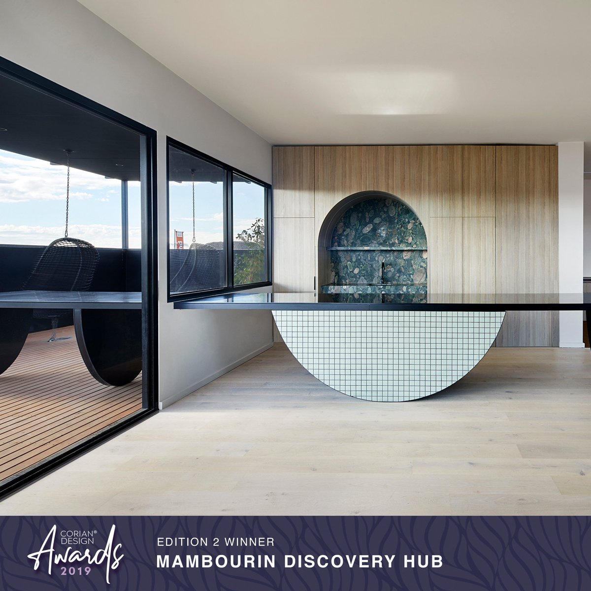 Congratulations to Fiona Dunin of FMD Architects for becoming the Corian Design Awards Edition 2 Commercial winner. The Mambourin Discovery Hub is an optimistic and inspiring commercial fitout using Corian Deep Nocturne.