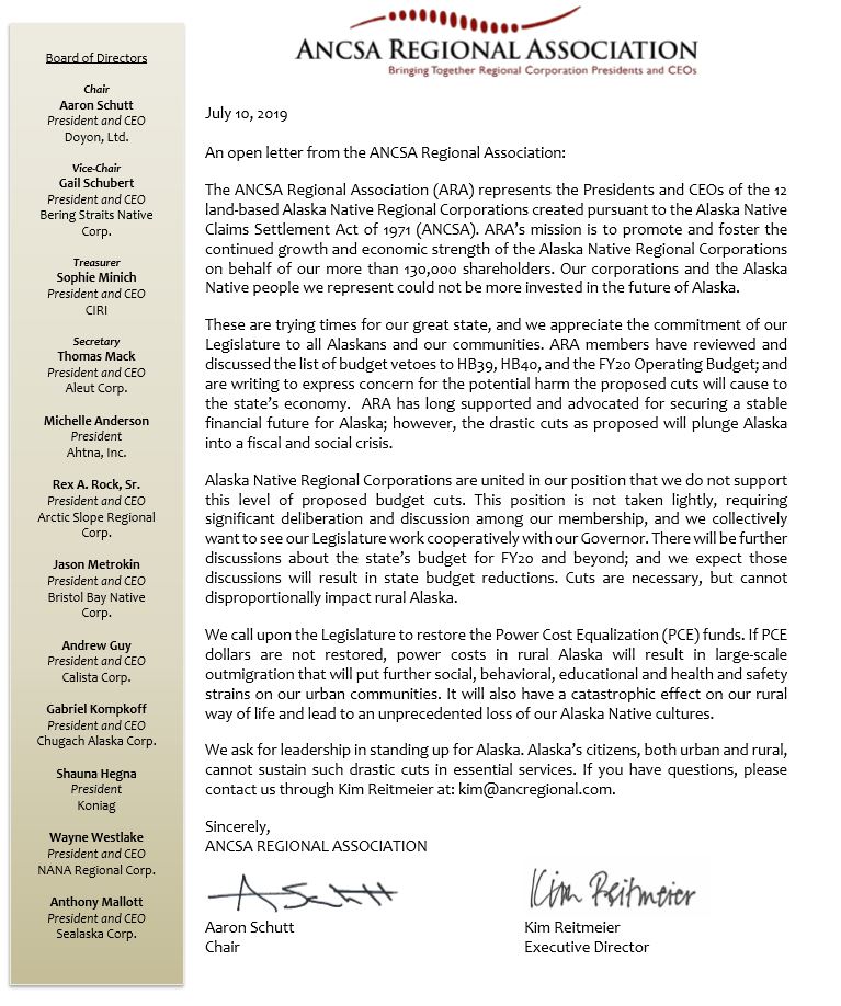 repzackfields's tweet image. Leading #Alaska businesses warn of "fiscal and social crisis" if #akleg fails to override Dunleavy vetoes &amp;amp; PCE sweep.

@DoyonLimited @CIRI @AleutCorp @AhtnaInc @ASRC_AK @BristolBayToday @CalistaCorp @NANACorporation @Sealaska @BeringStraits