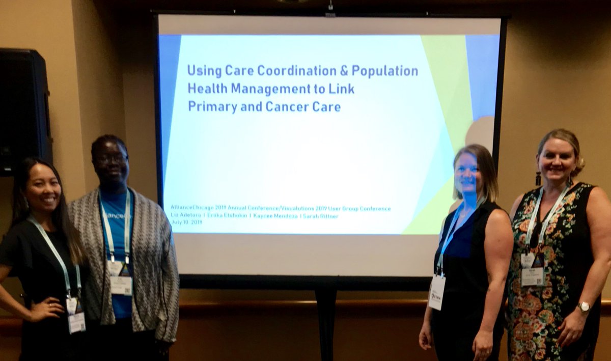 HealthEquityNU's tweet photo. CHET Director of Operations Sarah Rittner and community partners Liz Adetoro, Kaycee Mendoza and Eriika Etshokin present on @MerckFoundation -funded 4R Cancer Coordination Project @AllianceChicago Annual Conference &amp; Visualutions User Group conference #acvc19 https://t.co/qUBRLtxTMt