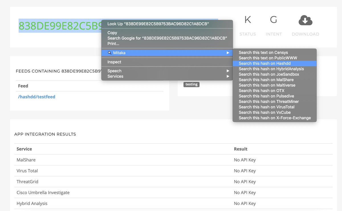 ninoseki's tweet photo. Released mitaka (web extension OSINT search tool) v0.56.0.
https://t.co/qb2gW50gXz
✔️Add @hashdd_ lookup https://t.co/e0XtCbf9kw