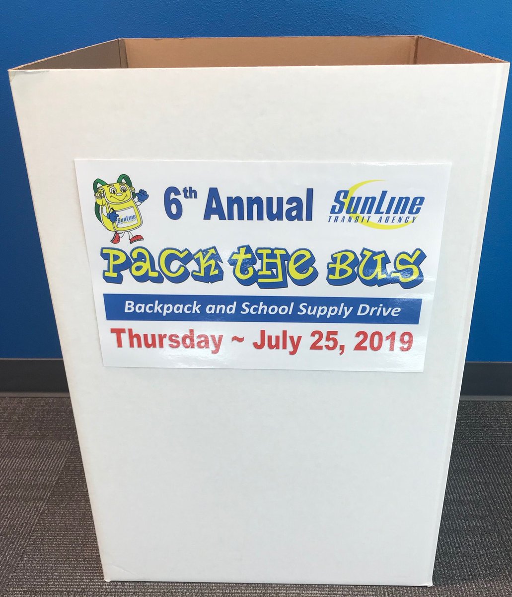 SunlineTransit's tweet image. SunLine’s 6th Annual Pack the Bus School Drive event on Thur., July 25th, 2019 from 7AM to 7PM located at the Palm Desert Walmart on Monterey/Dinah Shore.
Help SunLine Pack the Bus!
#SunLineTransit #SchoolDrive #Donations #PackTheBus #STASunBus #SchoolSupplies