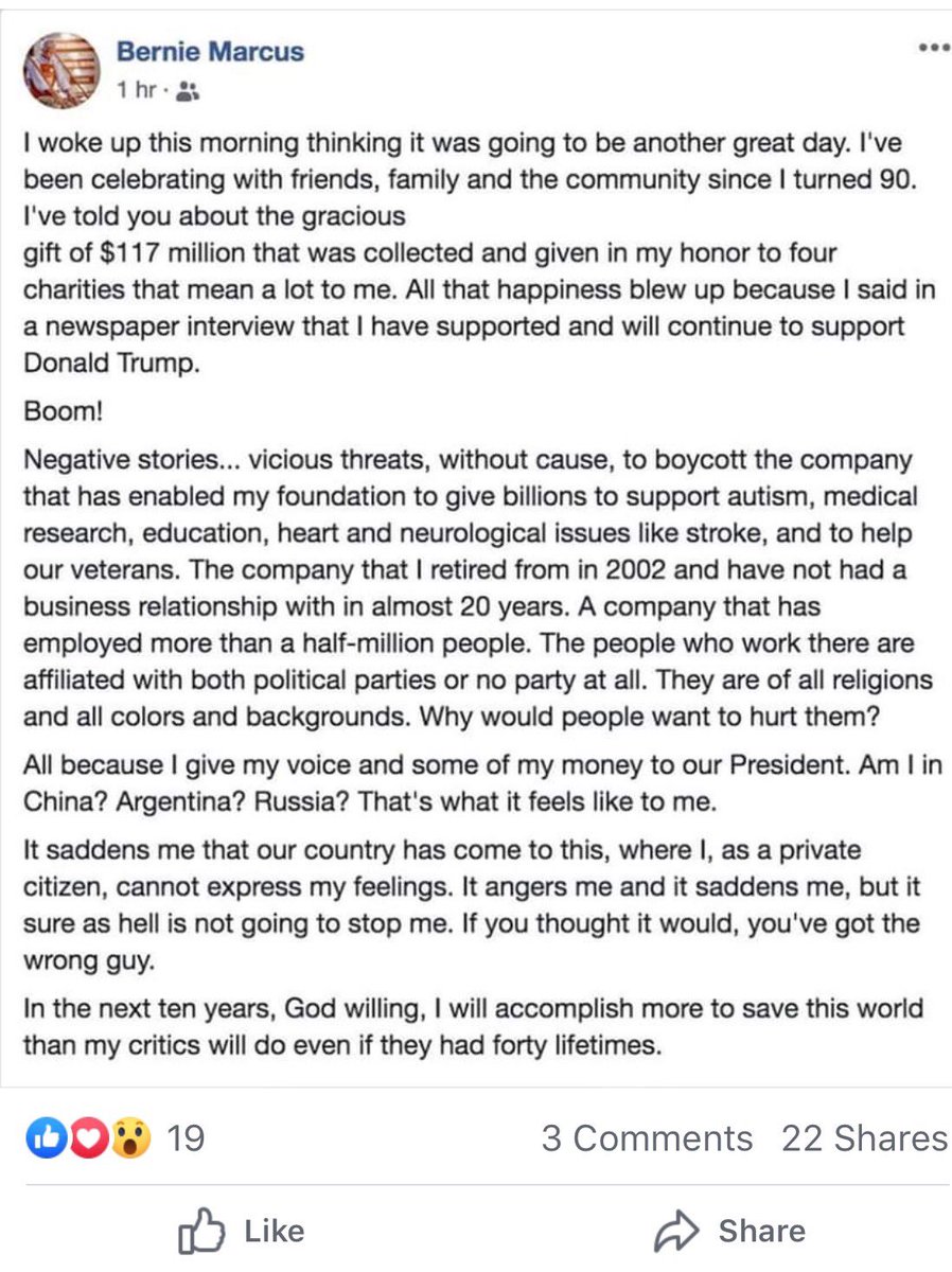 Thank u Bernie for  a company with great values &amp; puts our customers &amp; associates at the top of our inverted pyramid. So thankful that a private citizen can donate billion$ to help others due to The Home Depot. Sounds like his political party is called American!!! God Bless U!!