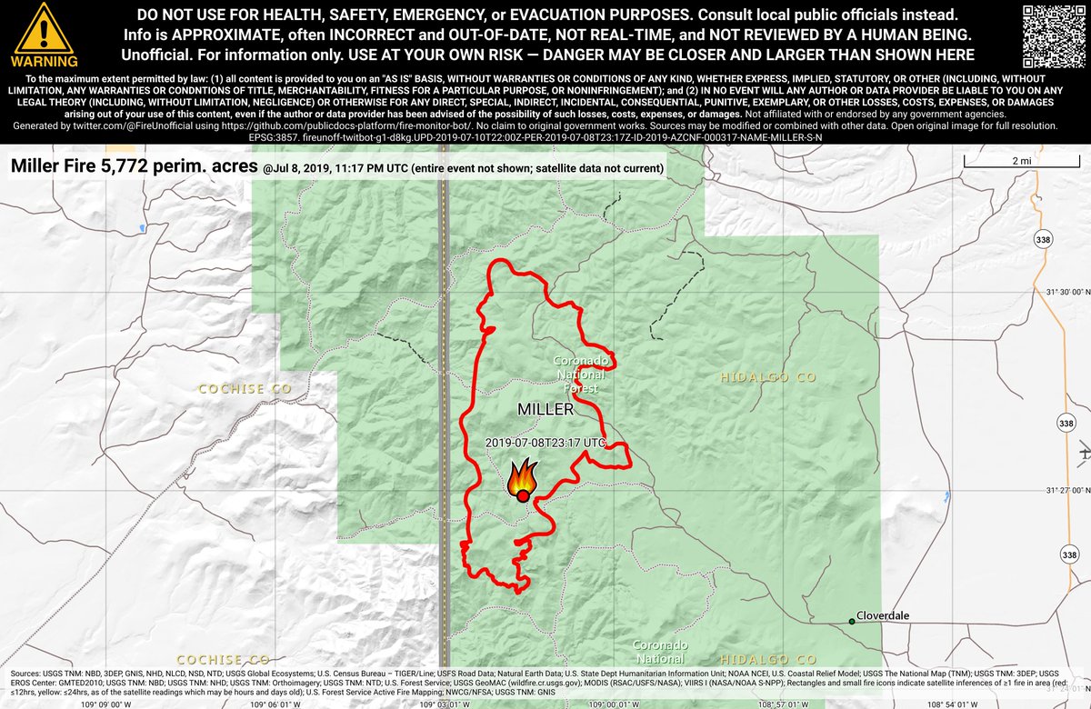 SWFireBot's tweet image. #MillerFire 🔥 unofficial, automated update.
@CoronadoNF; ~22mi S of Rodeo, NM. ⚠️ DO NOT USE FOR SAFETY PURPOSES - See officials instead. May be incorrect; disclaimers in images.