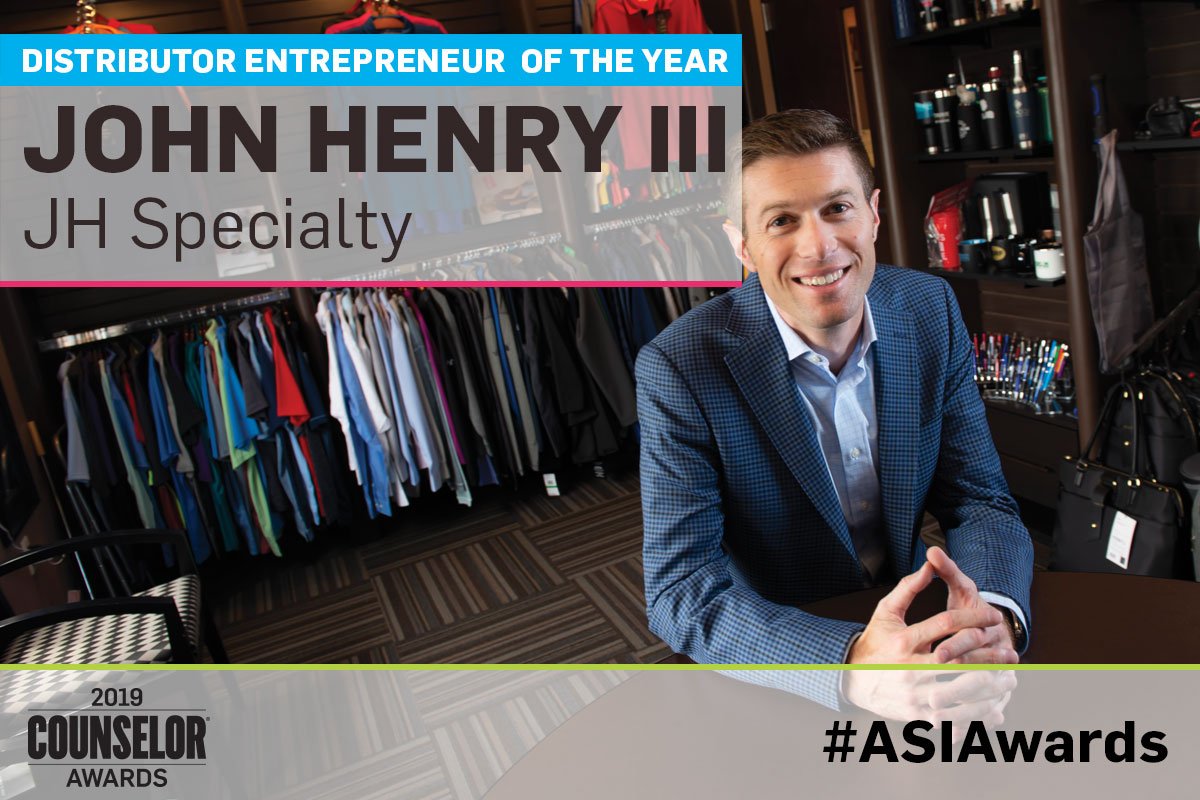 asicentral's tweet photo. Give it up for the Distributor Entrepreneur of the Year, John Henry III! (@jhspecialty) #ASIAwards https://t.co/Y5Nm3CEZM9 https://t.co/4g3qfXs4LJ
