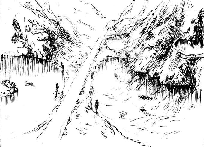 珍しく描きこんだ夢日記のイラスト。久々のおぞましい話。これは岩山を利用した水族館のシーン。後日彩色するかも。 