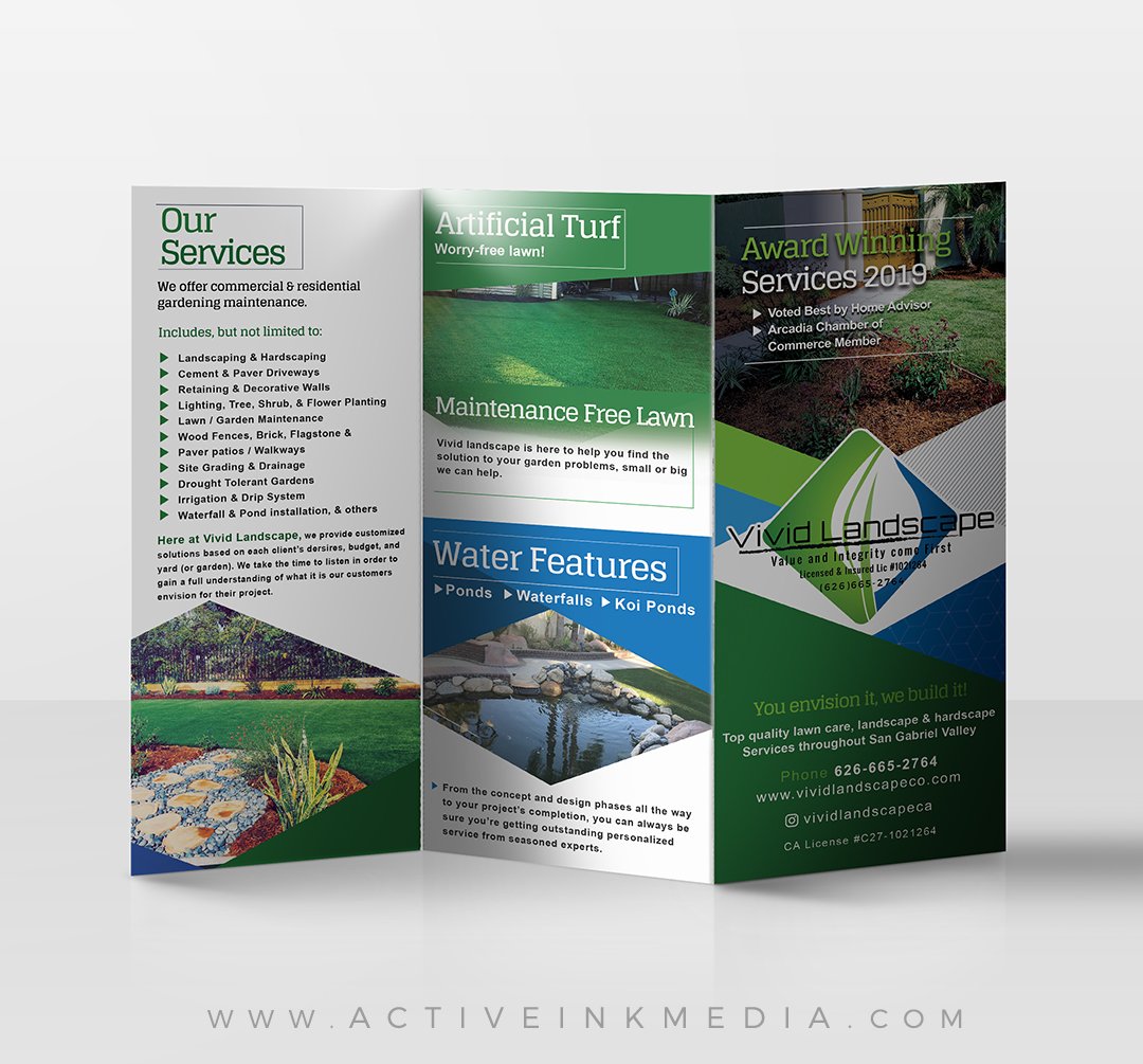 ActiveInkMedia's tweet photo. Tri-Fold Brochures we designed &amp; printed for our friends at Vivid Landscape! High quality design &amp; print at https://t.co/ynhhyAJcoM @ActiveInkMedia

#construction #landscape #contractor #realestate  #activeinkmedia #homeimprovement #vividlandscape #house #trifold #branding https://t.co/q0J72wo0NM