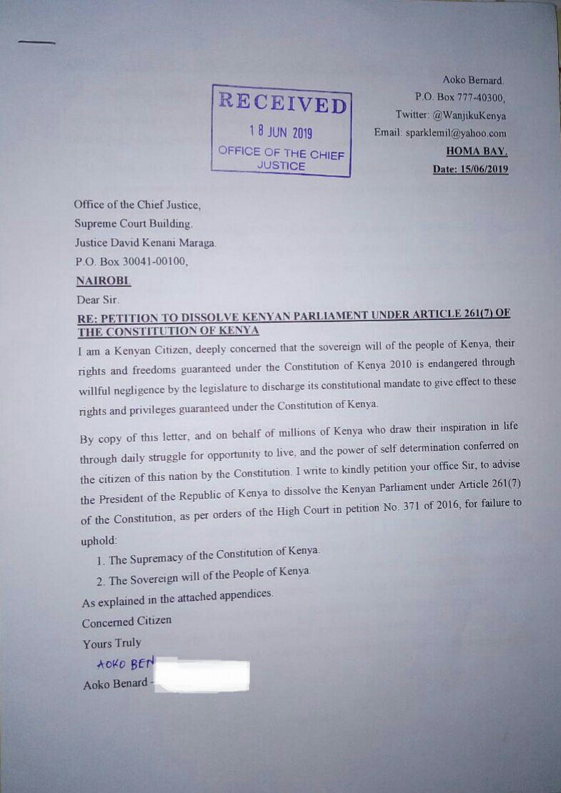 WanjikuKenya's tweet photo. @dkmaraga 
Hon CJ.

This is a followup on petition filed with your office on 18th June, 2019 to #DissolveParliament.

I'm seeking confirmation as the petitioner if you found time to address the issues raised in the petition. | @StateHouseKenya https://t.co/LTLB7Iysgg