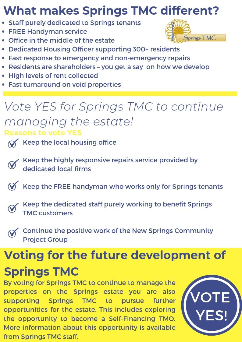 NSCPG's tweet photo. Springs TMC are having a vote of continuance. Tenants of Springs TMC are asked to vote on whether they would like the co-op to continue to manage the estate. More details to follow over the next few weeks... See the attached photos for more details. https://t.co/g1inwUQRAP