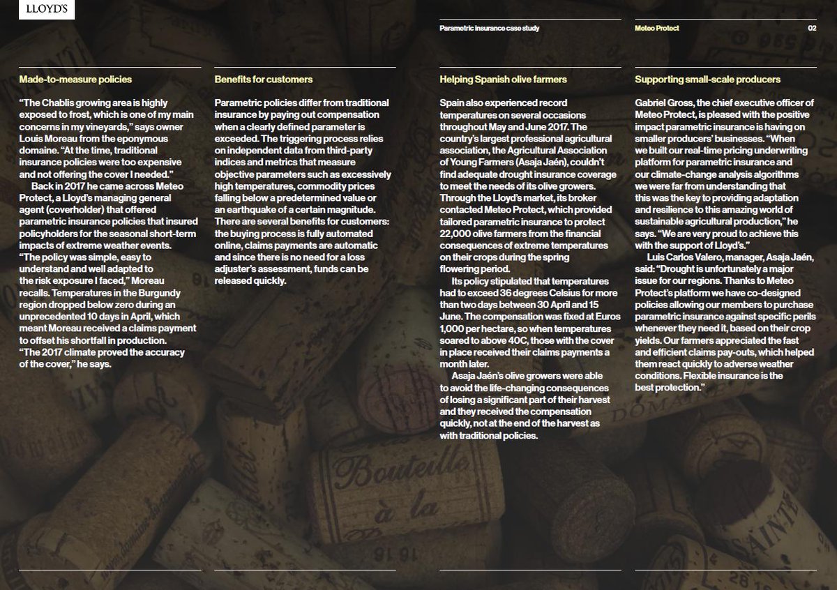 meteoprotect_en's tweet image. The parametric insurance at the heart of the @LloydsofLondon event !
@meteoProtect is proud to be part of this study:

🌟 We thank for their trust our partners @asajajaen and the office #Baugé for the #Moreau domain in #Chablis who are honored in this report!🌟

#LloydsReports
