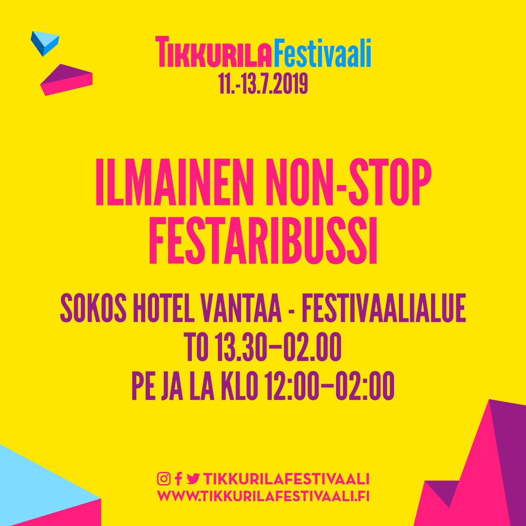 Hyppää ilmaisen festaribussin kyytiin ja suuntaa Tiksiin! 🚌💃 Tsekkaa aikataulut kuvasta 👇 Myös takseja on lisätty viikonlopun ajaksi 🚖
#tikkurilafestivaali #kesä2019