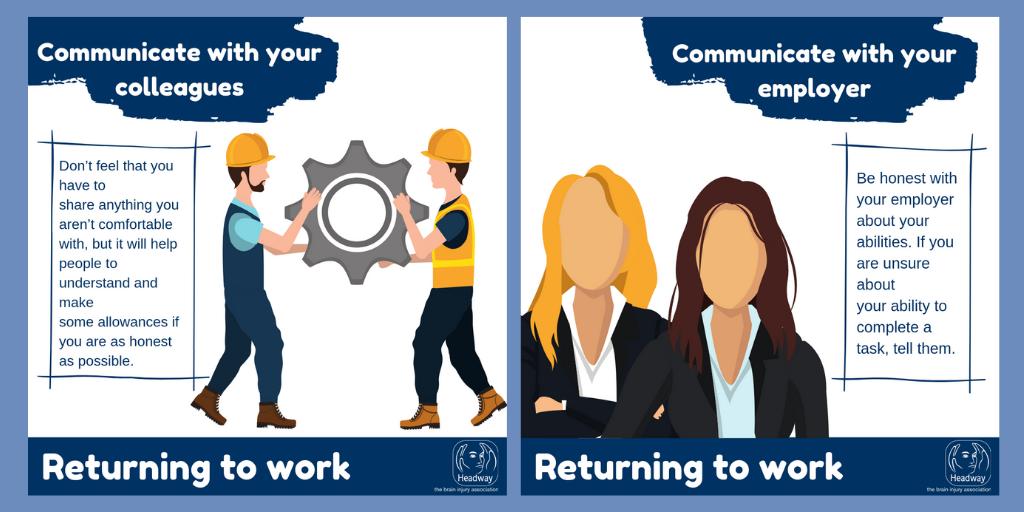 HeadwayUK's tweet photo. Returning to work is a big step following brain injury. It's up to you how much you share but good communication with employers and colleagues may make the process easier. Find our more about returning to work here: https://t.co/Le52QELxEk https://t.co/Ac8uWkYw5I